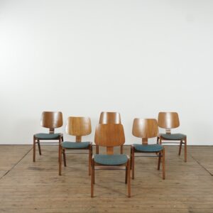 Set of 6 stackable plywood chairs with original blue-green skai